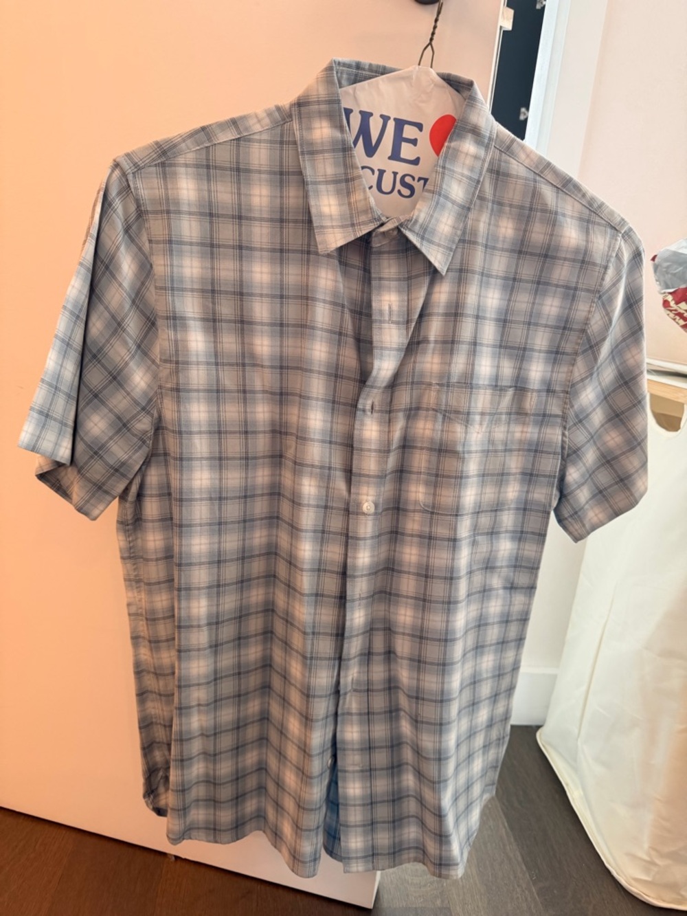 Vince Light Blue and White Plaid Short-Sleeve Button-Down Shirt